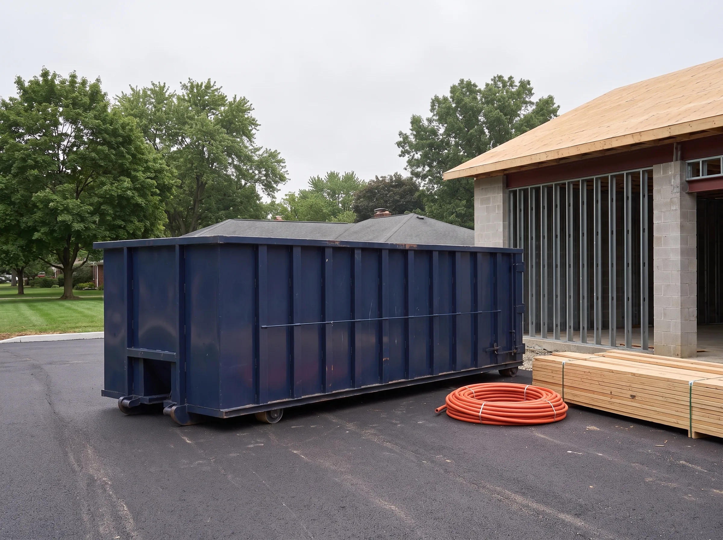 Roll-off dumpster being loaded in Detroit, MI